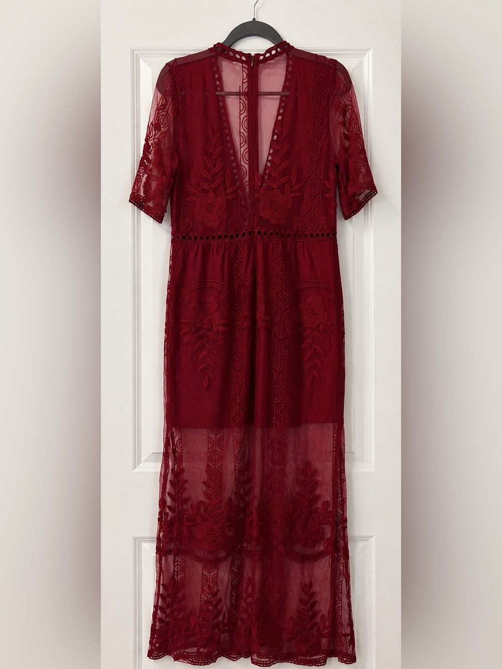 Burgundy Embroidered Floral Mesh Maxi Dress | Deep V Neck | Boho Romantic 
Large